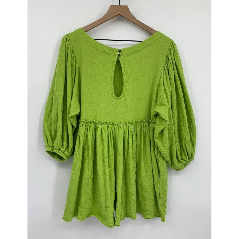 Free People Beach Romper Womens Medium Green Textured Balloon Sleeve Keyhole